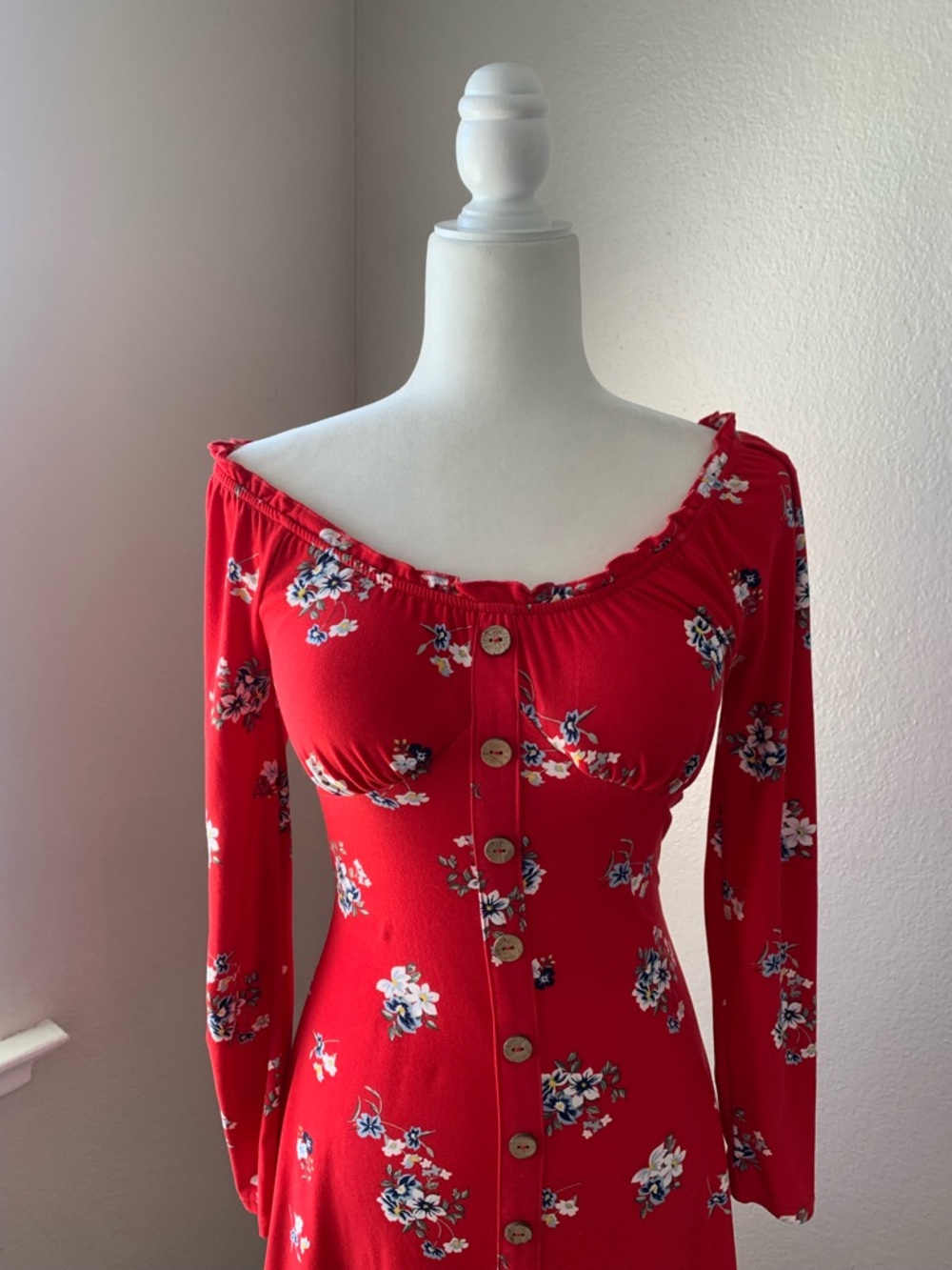 No Boundaries Red Floral Long Sleeve Button-Front Dress - Picture 2 of 6